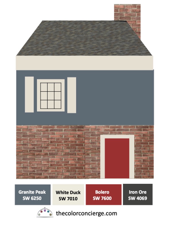 红砖房子，蓝漆，白边，红门