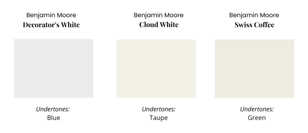 本杰明·摩尔三种白色油漆色板的比较。