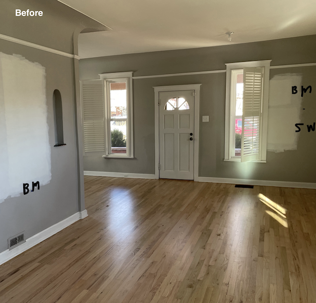 客厅用灰色墙壁和白色油漆进行颜色测试