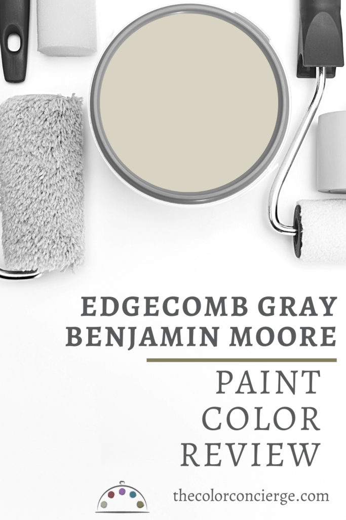 一罐油漆在白色的背景与文本本杰明摩尔Edgecomb灰色油漆颜色审查