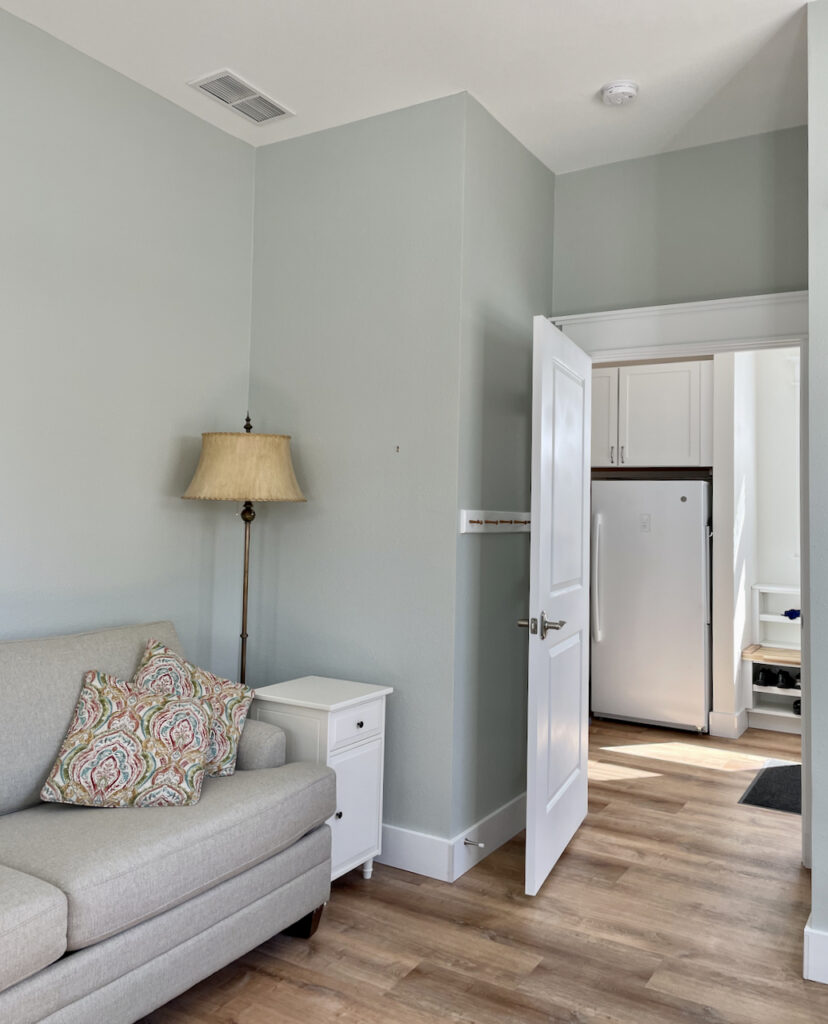 用本杰明·摩尔(Benjamin Moore)的灰色羊绒涂料粉刷的客厅。