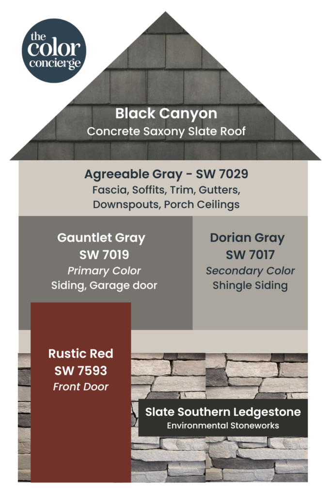 配色方案和SW挑战灰色站,西南的灰色修剪和道林·格雷SW次要的颜色与乡村红色大门